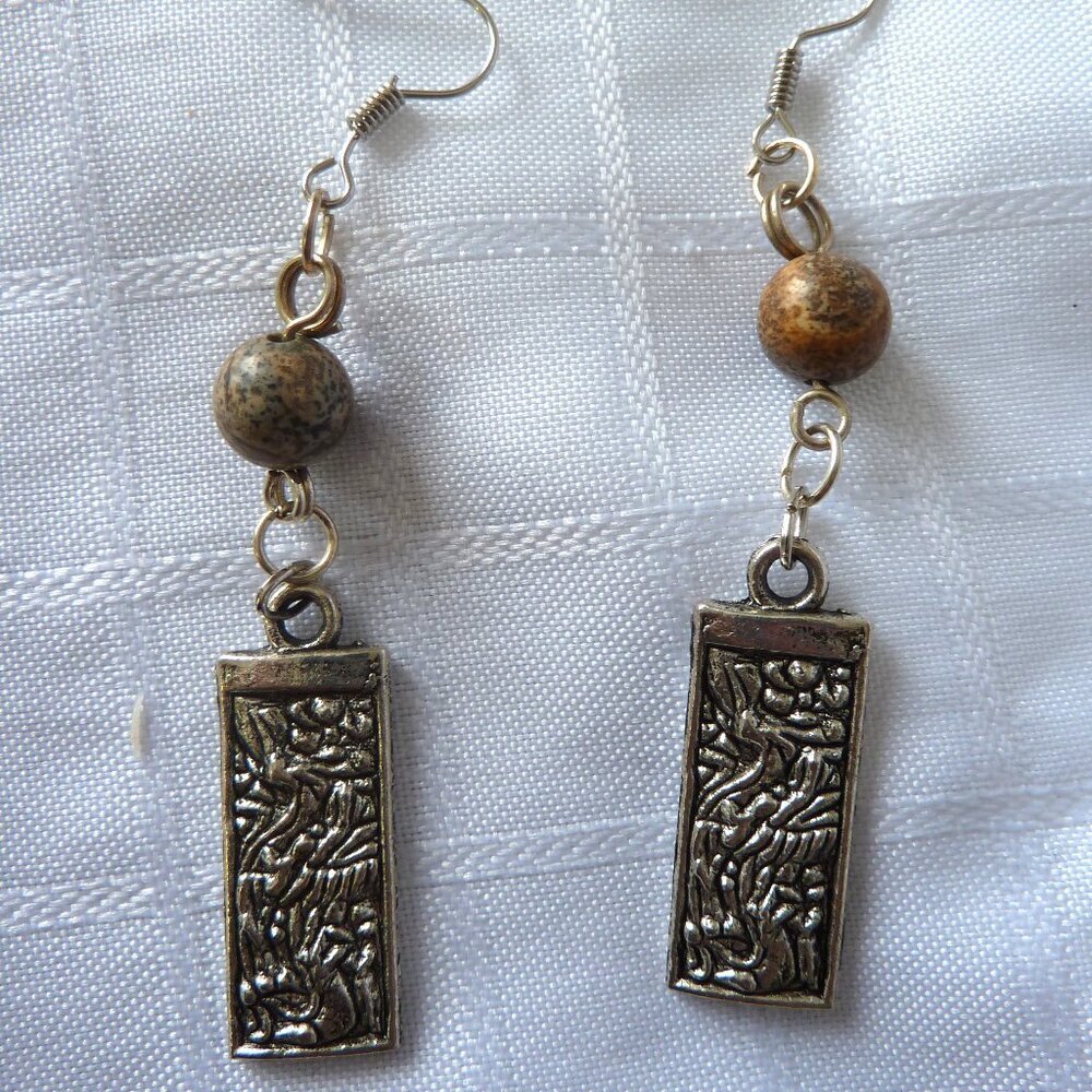 No983 Handmade earrings with Tibetan silver charms and polished stones
